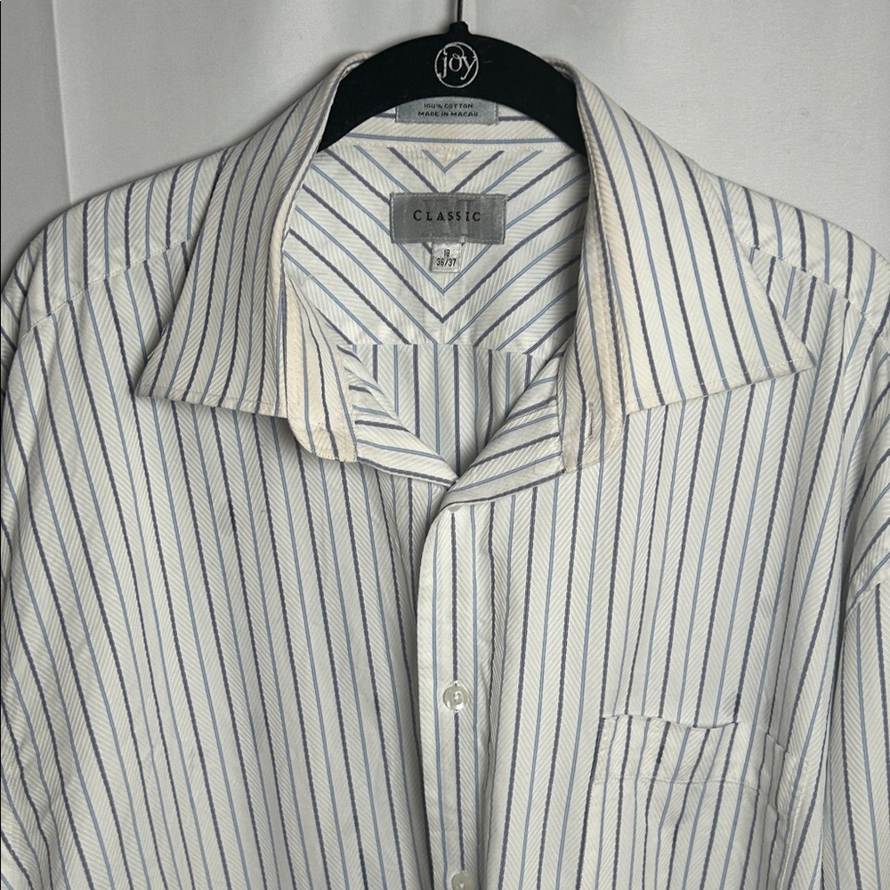 Classic Men's White Dress Shirt with Blue Pinstripes